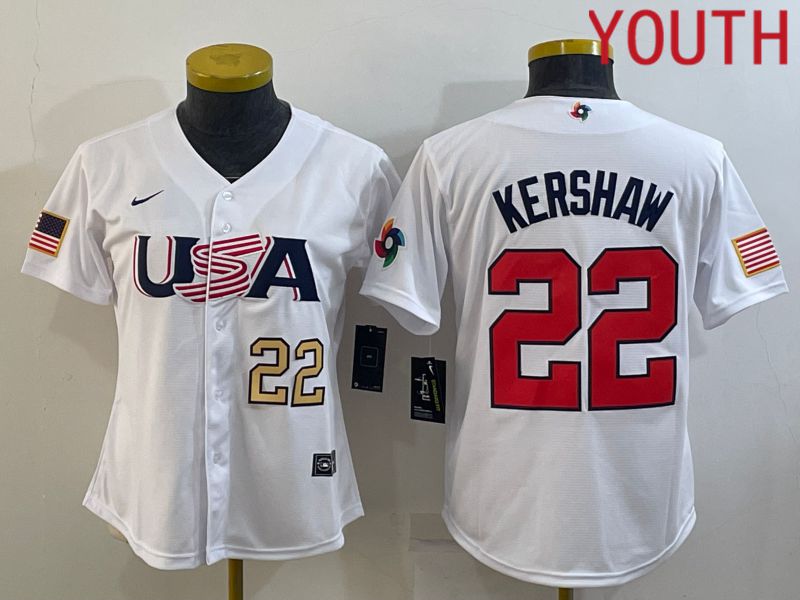 Youth 2023 World Cub USA 22 Kershaw White MLB Jersey7